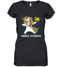 Load image into Gallery viewer, Autism Awareness Embrace Differences Dabbing Unicorn Women's V-Neck T-Shirt