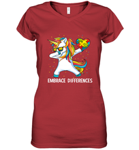 Load image into Gallery viewer, Autism Awareness Embrace Differences Dabbing Unicorn Women's V-Neck T-Shirt