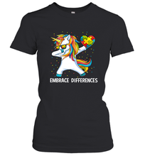 Load image into Gallery viewer, Autism Awareness Embrace Differences Dabbing Unicorn Women's T-Shirt
