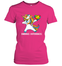 Load image into Gallery viewer, Autism Awareness Embrace Differences Dabbing Unicorn Women's T-Shirt
