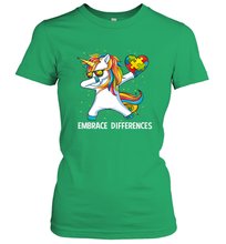 Load image into Gallery viewer, Autism Awareness Embrace Differences Dabbing Unicorn Women's T-Shirt
