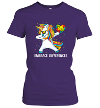 Load image into Gallery viewer, Autism Awareness Embrace Differences Dabbing Unicorn Women's T-Shirt
