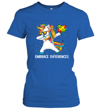 Load image into Gallery viewer, Autism Awareness Embrace Differences Dabbing Unicorn Women's T-Shirt

