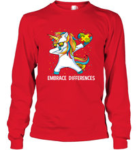Load image into Gallery viewer, Autism Awareness Embrace Differences Dabbing Unicorn Long Sleeve T-Shirt
