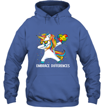 Load image into Gallery viewer, Autism Awareness Embrace Differences Dabbing Unicorn Hooded Sweatshirt
