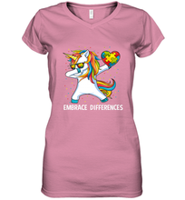 Load image into Gallery viewer, Autism Awareness Embrace Differences Dabbing Unicorn Women's V-Neck T-Shirt

