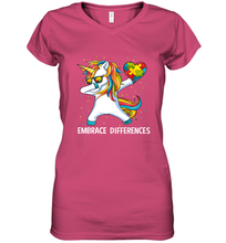Load image into Gallery viewer, Autism Awareness Embrace Differences Dabbing Unicorn Women's V-Neck T-Shirt
