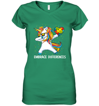 Load image into Gallery viewer, Autism Awareness Embrace Differences Dabbing Unicorn Women's V-Neck T-Shirt
