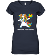 Load image into Gallery viewer, Autism Awareness Embrace Differences Dabbing Unicorn Women's V-Neck T-Shirt
