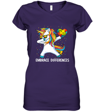 Load image into Gallery viewer, Autism Awareness Embrace Differences Dabbing Unicorn Women's V-Neck T-Shirt
