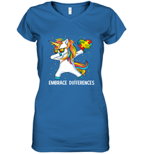 Load image into Gallery viewer, Autism Awareness Embrace Differences Dabbing Unicorn Women's V-Neck T-Shirt
